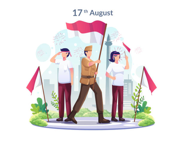 청소년과 영웅들은 8월 17일 인도네시아 독립기념일을 기념합니다. 벡터 일러스트레이션 - indonesia stock illustrations