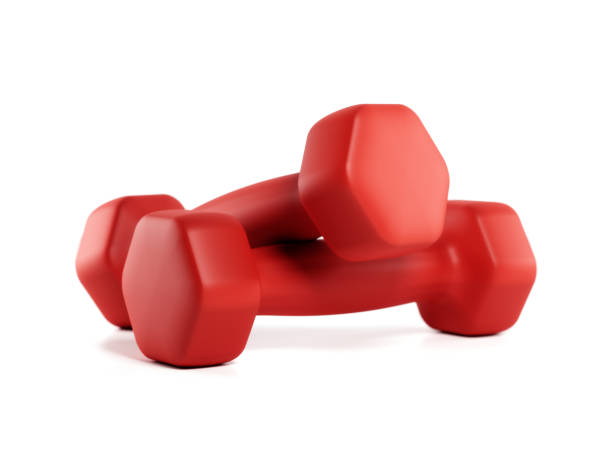 červené činky na bílém pozadí - tělocvična rekreační zařízení fotky - stock snímky, obrázky a fotky