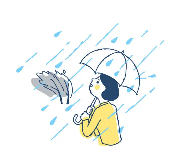 Vector illustration of A woman walking with an umbrella in heavy rain