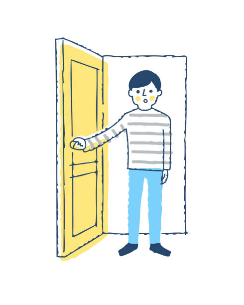 ilustrações de stock, clip art, desenhos animados e ícones de young man opening the door - open front door