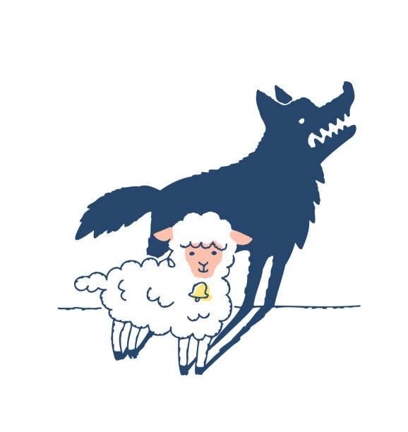 Cute sheep and wolf silhouette Fairy tales, two-sided, deceived, scary, suggestive, animal bad teeth stock illustrations