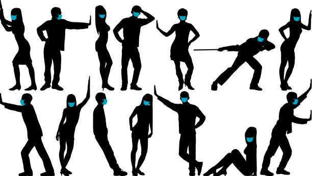 menschen in masken silhouette - pushing pulling men silhouette stock-grafiken, -clipart, -cartoons und -symbole