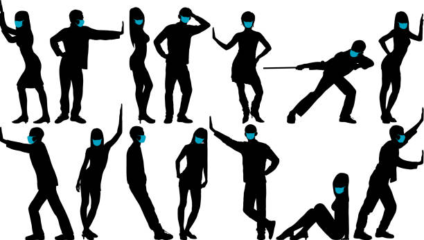 ilustraciones, imágenes clip art, dibujos animados e iconos de stock de personas en máscaras silueta - pushing silhouette men leaning