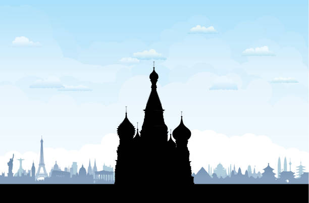 ilustrações de stock, clip art, desenhos animados e ícones de saint basil's cathedral silhouette, moscow, with monuments behind - russia moscow russia st basils cathedral kremlin
