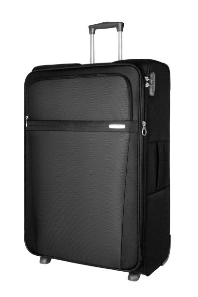 istock Black fabric travel suitcase wheels, zipper, handle, lock white background isolated side view, large baggage case, big luggage trolley bag, summer holidays, tourism, vacation, business trip accessory 1327587838
