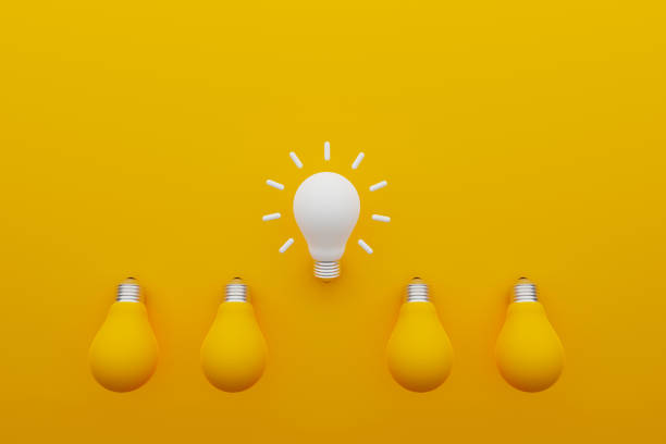 istock Light bulb white colour outstanding among lightbulb yellow. Concept creative idea and innovation, Unique, Think different, Individual and standing out from the crowd. 3d illustration 1327589758