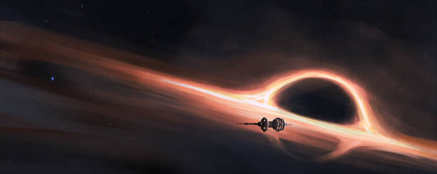 istock Spaceship sailing on the orbit of the black hole, 3D illustration 1327591016