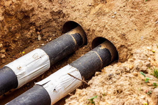 istock Installation of the distribution unit of heating and water supply network. Frame for connecting pipes in the trench of ground 1327591108