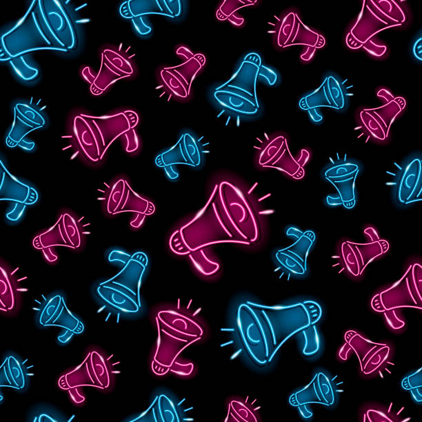 Seamless pattern with neon loudspeaker or megaphone icons on black background. Loud, volume, announcement, concept. Vector 10 EPS illustration. Seamless pattern with neon loudspeaker or megaphone icons on black background. Loud, volume, announcement, concept. Vector 10 EPS illustration. megaphone designs stock illustrations