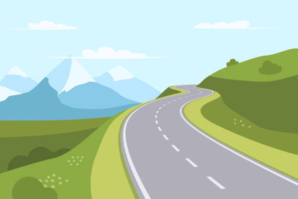 Winding highway to the mountains Winding highway to the mountains. Summer landscape with a road. Road trip, vacation. Vector illustration hill cartoons stock illustrations