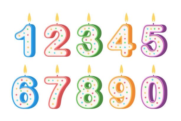 Birthday candles numbers Birthday candles in the form of numbers. Template set of symbols for invitation to the anniversary. Vector flat design isolated on white background birthday cake stock illustrations