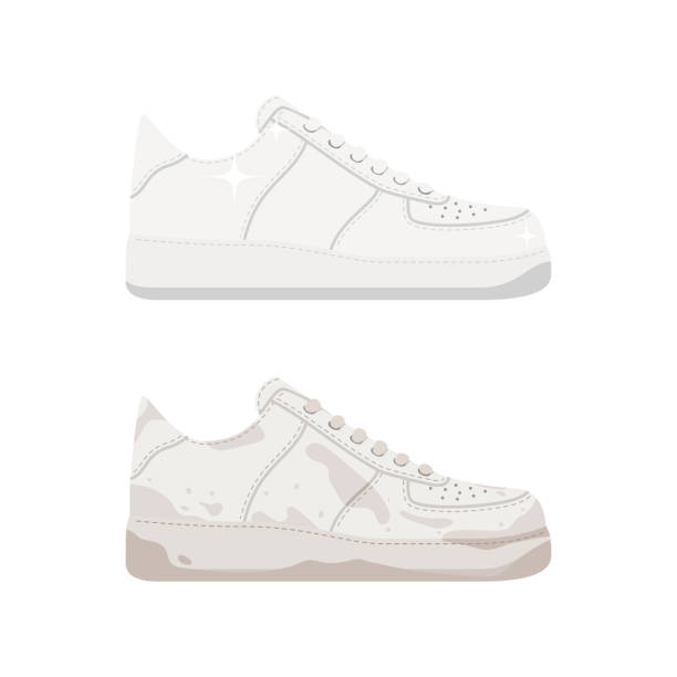 Clean and dirty sneaker Clean and dirty sneaker. Shoe shine concept. Vector illustration isolated on white background running shoes white background stock illustrations