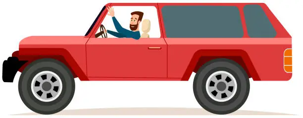 Vector illustration of Happy young man driving red car. Male character in transport isolated on white background