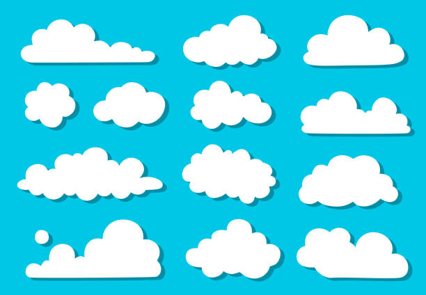 ilustraciones, imágenes clip art, dibujos animados e iconos de stock de colección doodle de siluetas nubes. dibujados a mano, elementos de garabato aislados sobre fondo azul. - nube