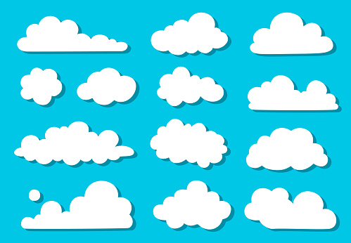 Doodle collection of silhouettes clouds. White clouds, design collection for banner, card, poster. Hand-drawn, doodle elements isolated on blue background.