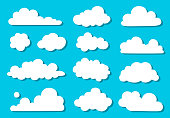 Doodle collection of silhouettes clouds. Hand-drawn, doodle elements isolated on blue background.