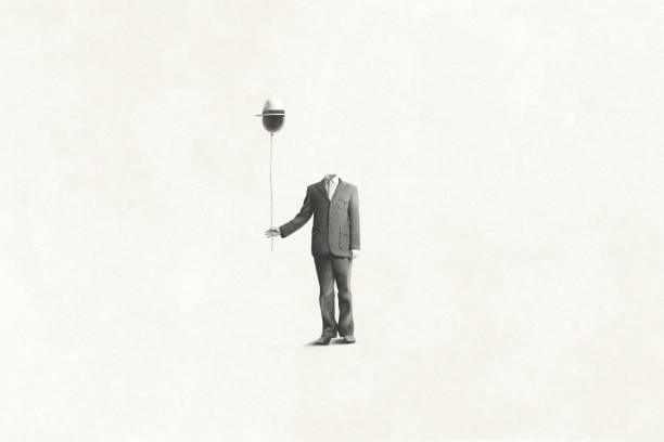 istock illustration of man without face holding black balloon with hat, surreal absence concept 1327600194