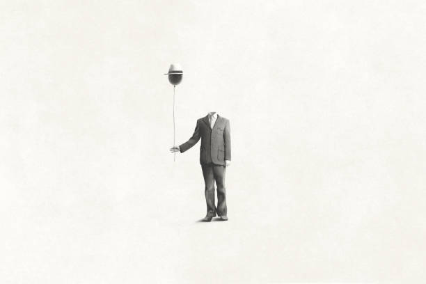 illustration of man without face holding black balloon with hat, surreal absence concept - 超現實主義 插圖 幅插畫檔、美工圖案、卡通及圖標