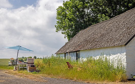 Farm with a small shop selling fresh potatoes and strawberries at the small Danish island Bogø. This kind of unmanned shops where the customers just leave the money in a box are common in the country side in Denmark