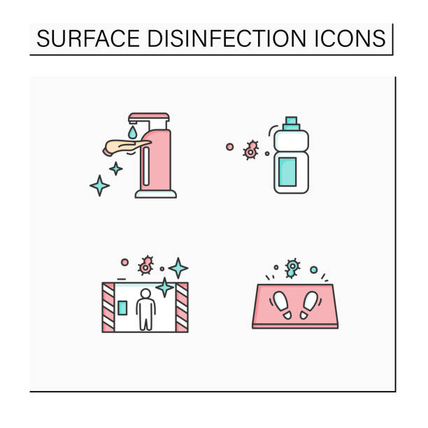 illustrazioni stock, clip art, cartoni animati e icone di tendenza di set di icone colore di disinfezione della superficie - cleaning silhouette people residential district