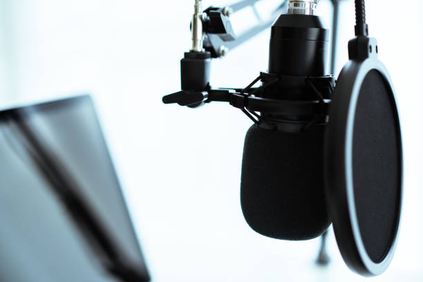 istock Professional condenser microphone and headphones in audio studio. 1327602949
