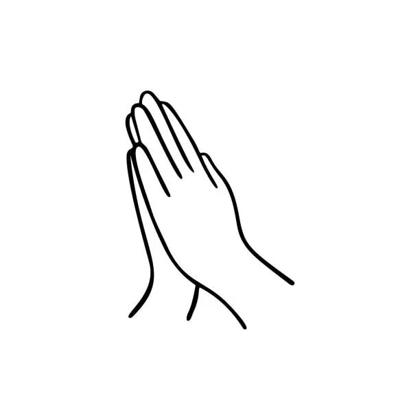 Vector illustration of Pray gesture human hand. Vector doodle illustration.