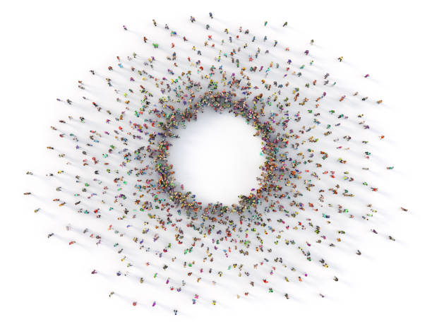 istock Crowd of people around of empty circle on a white background. 3d illustration 1327605380