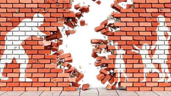 Red brickwall with a graffiti showing family is destroyed with a hole between the family, 3d illustration