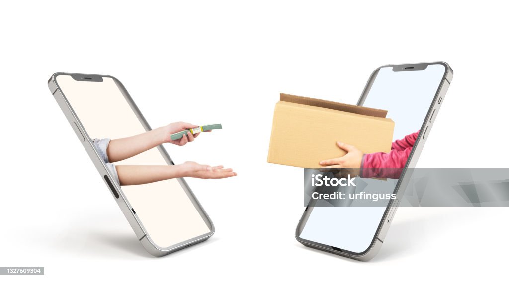 Delivery concept. Transfer of box and cash from one smartphone to another by means of hands isolated on white background. Online ordering. 3d illustration. Delivering Stock Photo