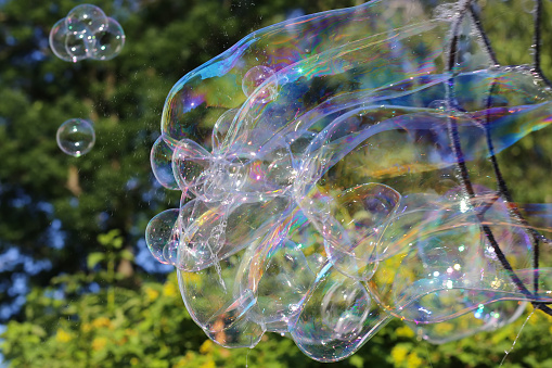 Large huge bright soap bubbles against the background of the sky and trees. Soap bubbles show. Summer children's active leisure.