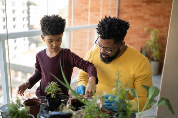 istock Father and son cultivating plants together at home 1327611330