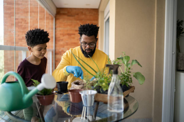 istock Father and son cultivating plants together at home 1327611475