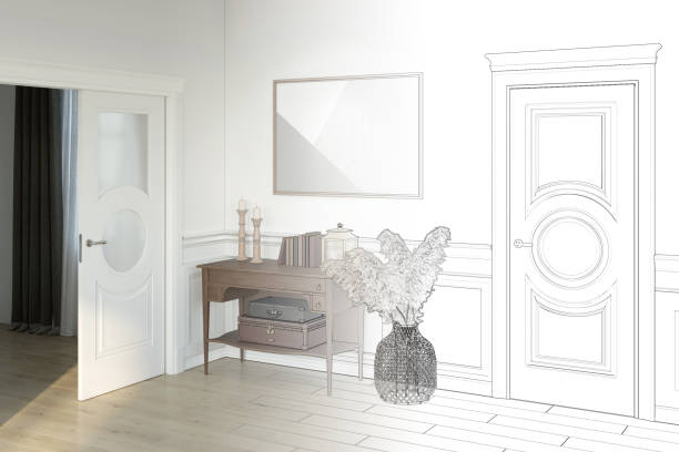 istock The sketch becomes a real bright hall with a horizontal poster between classic doors, a wooden curbstone with decor, pampas grass in a wicker basket, wall panels, a wooden floor. 1327613265