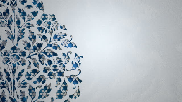 Arabic Islamic Horizontal White and Blue Floral Paper Cut Silhouette Star Pattern Loop Background