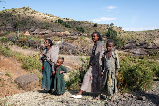 Sekota, Ethiopia – December 14, 2010: Family in a small village between Sekato (als known as Sokota, Sakota or Soqota) and Lalibela