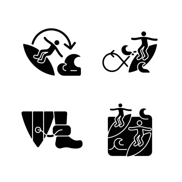 Vector illustration of Extreme water sport black glyph icons set on white space