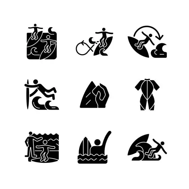 Vector illustration of Surface water sport black glyph icons set on white space