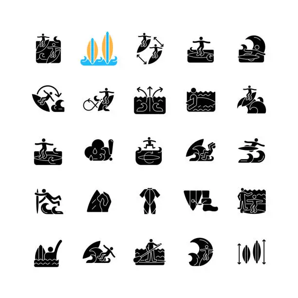 Vector illustration of Surfing black glyph icons set on white space