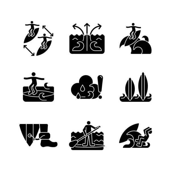 Vector illustration of Water activities black glyph icons set on white space