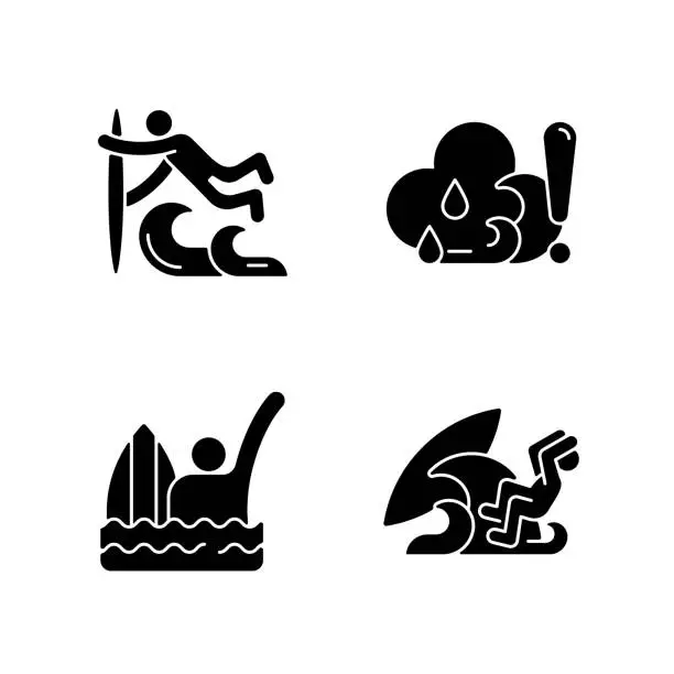 Vector illustration of Water sports black glyph icons set on white space