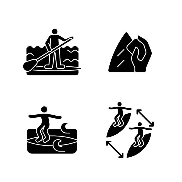 Vector illustration of Riding waves in ocean black glyph icons set on white space