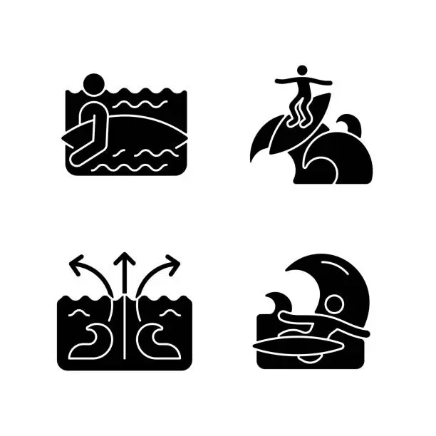 Vector illustration of Riding wave using board black glyph icons set on white space