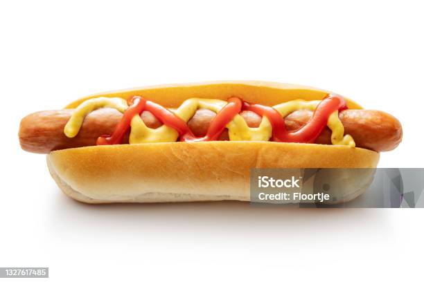 Snacks Hotdog Isolated On White Background Stock Photo - Download Image Now - Hot Dog, Sausage, Bun - Bread