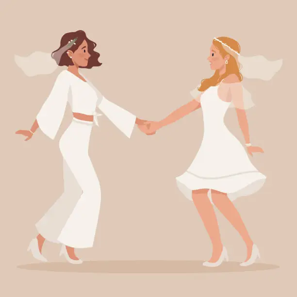 Vector illustration of Lesbian homosexual couple wedding. Two happy women in veil, beautiful white dress. Brides holding hands on ceremony. LGBTQ same sex family, marriage. Pride, equal rights. Flat vector illustration