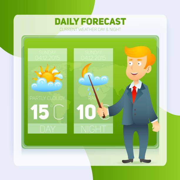 ilustrações de stock, clip art, desenhos animados e ícones de tv weather prediction forecast male news reporter background vector - weather meteorologist meteorology symbol