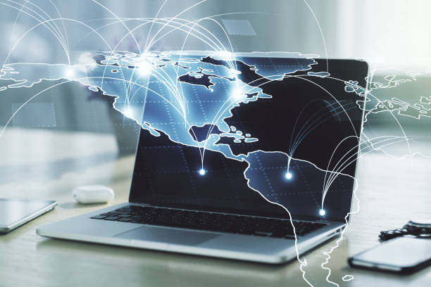 istock Double exposure of abstract digital world map with connections on computer background, big data and blockchain concept 1327619692