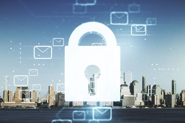 istock Double exposure of abstract virtual creative lock hologram with email symbols on New York city skyscrapers background. Information security concept 1327620164