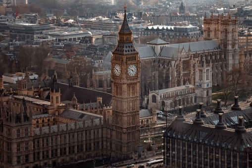 Aerial view of big ben and London cityscape, view from above, dramatic sky