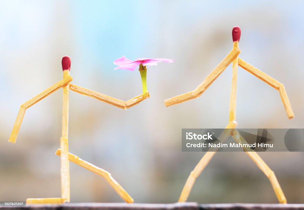 Matchstick art photography used matchsticks to create the character. Best ever proposal. Agriculture Stock Photo