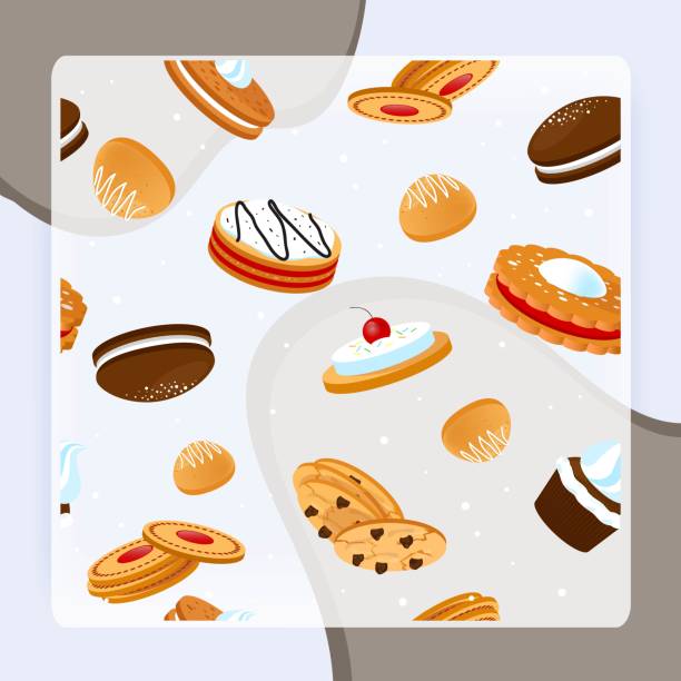 ilustrações, clipart, desenhos animados e ícones de biscoitos e biscoitos padrão perfeito com bolos de cupcakes e sobremesas crocantes com vetor de frutas - cupcake crumb sweet wrapper chocolate